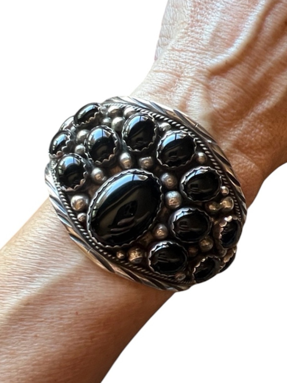 Vintage Navajo Sterling Silver and Black Onyx Cuff Bracelet - Signed